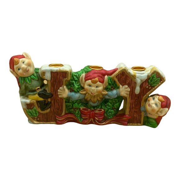 Robel Hall Ceramic JOY Christmas 3 Elves Pixies Candle Holder Vintage - Picture 1 of 10